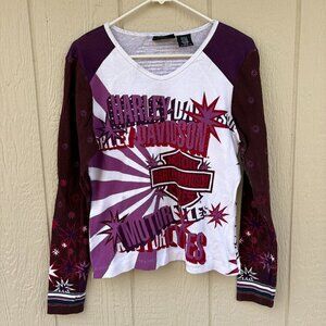 Vintage Y2K Harley Davidson Long Sleeve VNeck T-Shirt Womens Large Bedazzled USA